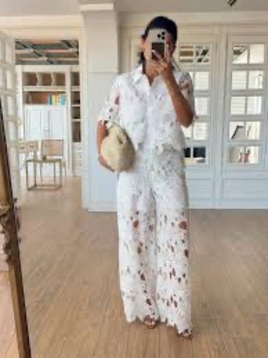 Other - Designer Inspired White Floral Cutout 2pc Set with Wide Leg Pants and Top NEW